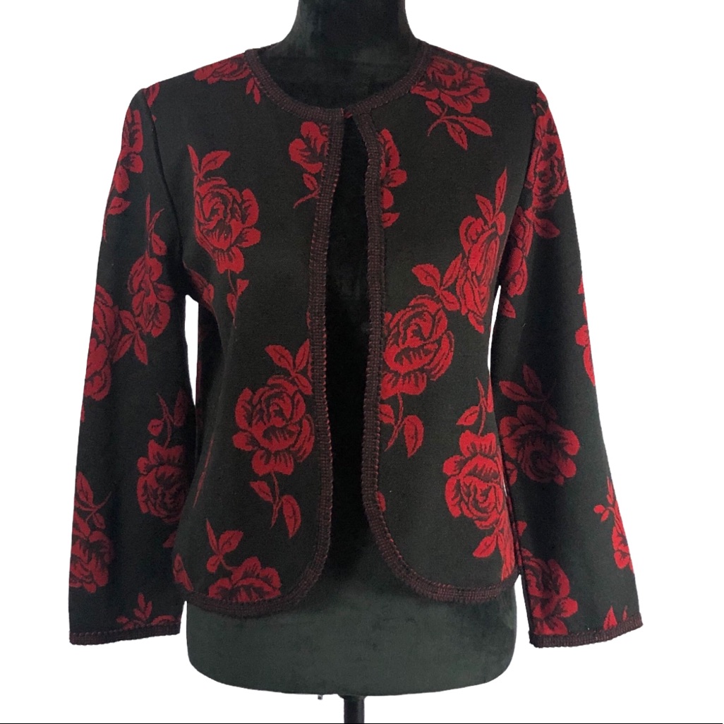 Miss Dorby Black Blazer Large Red Roses Size Petite Small